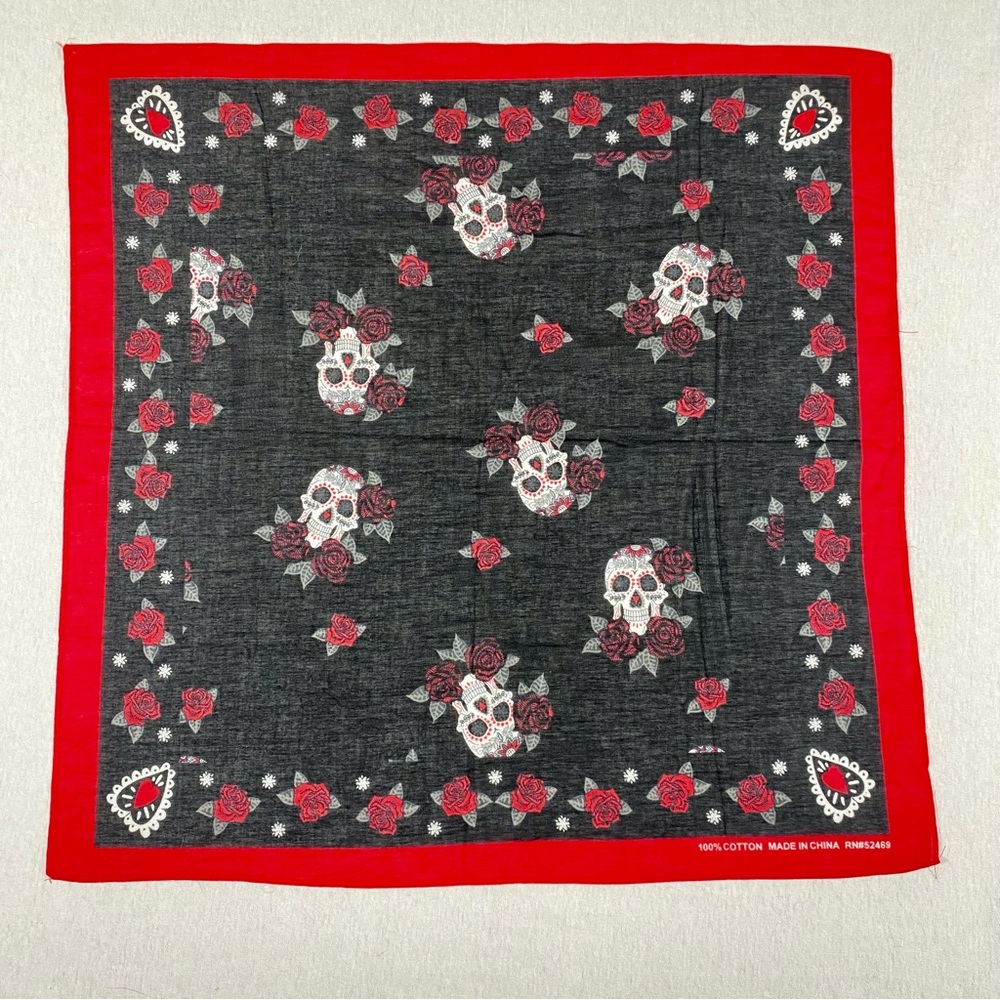 Skull & Rose Floral Bandana Scarf - Black and Red Biker Day of the Dead Gothic